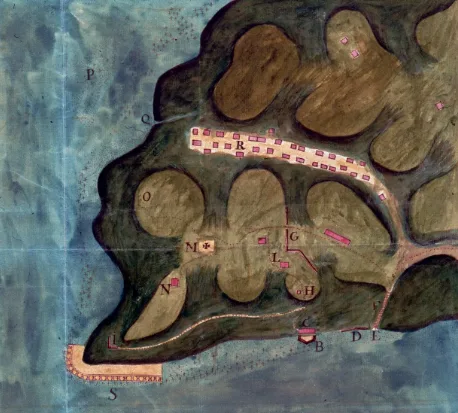 Morro de São Paulo: Explorando 6 Construções Históricas Mapa de 1725 de Miguel Pereira da Costa com o Morro de São Paulo visto de cima, a fileira de casas da vila e as muralhas das fortificações