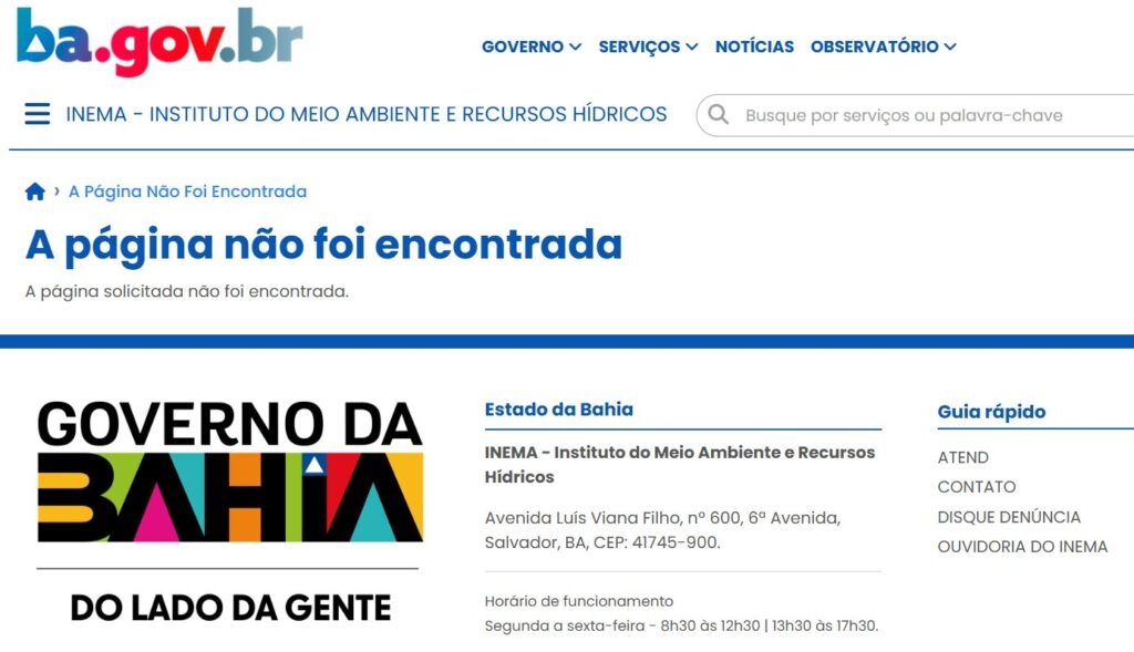 Praias do Morro de São Paulo Próprias Antes do Feriadão de Finados Página do site do Inema, no portal ba.gov.br, com a mensagem “A página não foi encontrada”