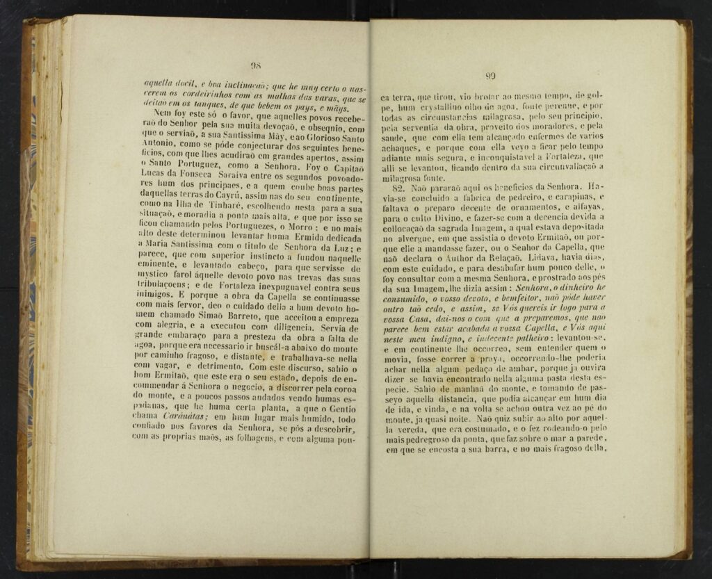 Milagres no Morro de São Paulo: páginas 98 e 99 do Novo Orbe Seráfico Brasílico, de Jaboatão (1858)